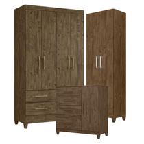 Guarda Roupa Solteiro Chile com Cômoda Vênus com pés e Armário Multiuso New Íris Castanho Wood Moval