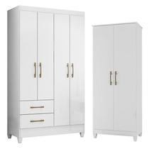 Guarda Roupa Solteiro Chile e Armário Multiuso Jade Branco Brilho Moval