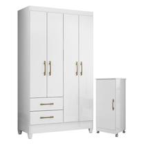 Guarda Roupa Solteiro Chile e Armário Multiuso Lírio Branco Brilho Moval