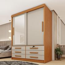 Guarda Roupa Solteiro com Espelho 2 Portas 6 Gavetas 133cm Chicago Bege/Cinamomo/Off White
