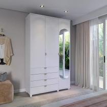 Guarda-Roupa Solteiro com Espelho 3 Portas 4 Gavetas 100% MDF Look 136 cm - Branco Fosco c/ Champanhe