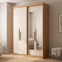Guarda Roupa Solteiro com Espelho 4 Portas 2 Gavetas 100% MDF Manila Cedro/Off White