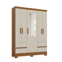Guarda Roupa Solteiro com Espelho 5 Portas 4 Gavetas Vitoria Nogueira Madeira Natura Off White Atualle Guarda Roupa Solteiro com Espelho 5 Portas 4 Gavetas Vitoria Nogueira Madeira Natura Off White Atualle