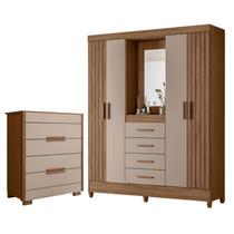Guarda Roupa Solteiro com Espelho Atenas e Cômoda Dhara Carvalho Fendi Moval