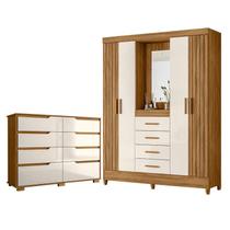 Guarda Roupa Solteiro com Espelho Atenas e Cômoda Georgia Freijó Off White Moval