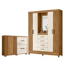 Guarda Roupa Solteiro com Espelho Atenas e Cômoda Texas Freijó Off White Moval