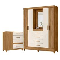 Guarda Roupa Solteiro com Espelho Atenas e Cômoda Vênus com pés Freijó Off White Moval