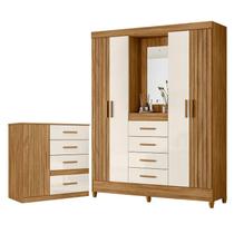 Guarda Roupa Solteiro com Espelho Atenas e Cômoda Vênus Freijó Off White Moval