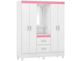 Guarda-Roupa Solteiro com Espelho Lord 4 PT 2 GV Branco e Rosa Guarda-Roupa Solteiro com Espelho Lord 4 PT 2 GV Branco e Rosa