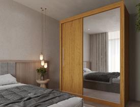 Guarda Roupa Solteiro Grande com Espelho 2 Portas 3 Gavetas Royale Gelius - Naturale / Off White Flex MDF