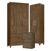 Guarda Roupa Solteiro Lima com Cômoda MS913 e Armário Multiuso New Íris Castanho Wood Moval Guarda Roupa Solteiro Lima com Cômoda MS913 e Armário Multiuso New Íris Castanho Wood Moval