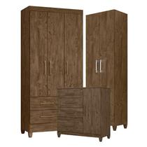 Guarda Roupa Solteiro Lima com Cômoda Vênus com pés e Armário Multiuso New Íris Castanho Wood Moval