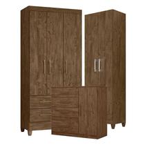 Guarda Roupa Solteiro Lima com Cômoda Vênus e Armário Multiuso New Íris Castanho Wood Moval