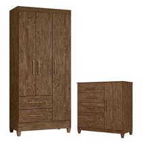 Guarda Roupa Solteiro Lima e Cômoda Vênus com Pés Castanho Wood Flex Moval