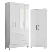 Guarda Roupa Solteiro Madri com Espelho e Armário Multiuso Jade Branco Brilho Moval