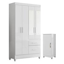 Guarda Roupa Solteiro Madri com Espelho e Armário Multiuso Lírio Branco Brilho Moval