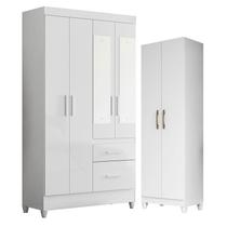 Guarda Roupa Solteiro Madri com Espelho e Armário Multiuso New Íris Branco Brilho - Moval