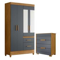 Guarda Roupa Solteiro Madri com espelho e Cômoda Dhara Freijó Cinza Moval