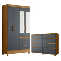 Guarda Roupa Solteiro Madri com espelho e Cômoda Georgia Freijó Cinza Moval