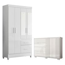 Guarda Roupa Solteiro Madri com espelho e Cômoda Texas Branco Brilho Moval Guarda Roupa Solteiro Madri com espelho e Cômoda Texas Branco Brilho Moval
