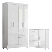 Guarda Roupa Solteiro Madri com espelho e Cômoda Vênus com pés Branco Flex Moval