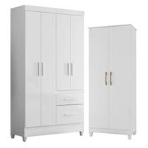 Guarda Roupa Solteiro Madri e Armário Multiuso Jade Branco Brilho Moval