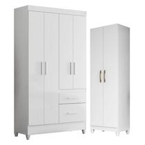 Guarda Roupa Solteiro Madri e Armário Multiuso New Íris Branco Brilho - Moval