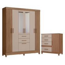 Guarda Roupa Solteiro Malta com espelho e Cômoda Vênus com Pés Carvalho Fendi Moval Guarda Roupa Solteiro Malta com espelho e Cômoda Vênus com Pés Carvalho Fendi Moval
