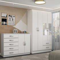Guarda-Roupa Solteiro Mason 4 Portas 2 Gavetas e Espelho com Cômoda 2 Portas 5 Gavetas Branco - Panorama Móveis Guarda-Roupa Solteiro Mason 4 Portas 2 Gavetas e Espelho com Cômoda 2 Portas 5 Gavetas Branco - Panorama Móveis