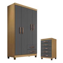 Guarda Roupa Solteiro Modena 4 Portas Com Cômoda Gaveteira Cannes Carvalho Americano Grafite Incorplac