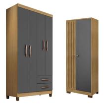 Guarda Roupa Solteiro Modena 4 Portas e Armário Multiuso Versatile Carvalho Americano Grafite Incorplac