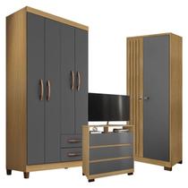 Guarda Roupa Solteiro Modena 4 Portas e Cômoda Texas com Armário Multiuso Versatile Carvalho Americano Grafite Incorplac