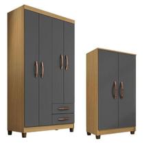 Guarda Roupa Solteiro Modena Com 4 Portas E Armário Multiuso Recife Carvalho Americano Grafite Incorplac
