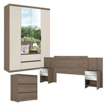 Guarda Roupa Solteiro Nobre Glass 4 Portas Rustic Off White com Cômoda Gaveteiro Condessa e Cabeceira Formosa Glass Rustic - THB