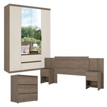 Guarda Roupa Solteiro Nobre Glass 4 Portas Rustic Off White com Cômoda Gaveteiro Condessa e Cabeceira Formosa Rustic - THB