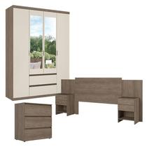 Guarda Roupa Solteiro Nobre Slim Glass 4 Portas Rustic Off White com Cômoda Gaveteiro Condessa e Cabeceira Formosa Rustic - THB