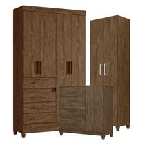 Guarda Roupa Solteiro Sobral com Cômoda Vênus com pés e Armário Multiuso New Íris Castanho Wood Moval