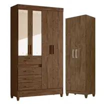 Guarda Roupa Solteiro Sobral com Espelho e Armário Multiuso New Íris Castanho Wood - Moval