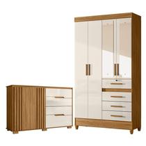 Guarda Roupa Solteiro Sobral com Espelho e Cômoda Texas Freijó Off White Moval