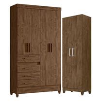 Guarda Roupa Solteiro Sobral e Armário Multiuso New Íris Castanho Wood - Moval