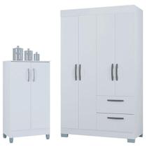 Guarda Roupa Solteiro Tóquio 4 Portas Com Armário Multiuso 2 Portas Pequeno Branco Brilho - Poquema