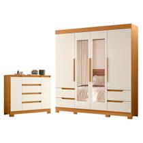 Guarda Roupa Solteiro Vivacce 04 Portas com Espelho e Cômoda Sapateira Atena Cinamomo Off White - Móveis Albatroz