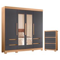 Guarda Roupa Solteiro Vivacce 04 Portas com Espelho e Cômoda Unno Freijo Titanium - Móveis Albatroz Guarda Roupa Solteiro Vivacce 04 Portas com Espelho e Cômoda Unno Freijo Titanium - Móveis Albatroz