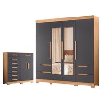 Guarda Roupa Solteiro Vivacce 04 Portas com Espelho e Cômoda Verona Freijo Titanium - Móveis Albatroz