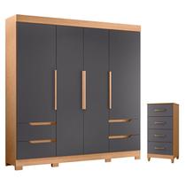 Guarda Roupa Solteiro Vivacce 04 Portas e Cômoda Mobi 04 gavetas Freijo Titanium - Móveis Albatroz