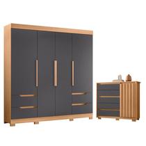 Guarda Roupa Solteiro Vivacce 04 Portas e Cômoda Sapateira Duetto 01 porta e 05 gavetas Freijo Titanium - Móveis Albatroz