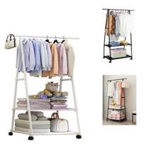 Guarda Roupa Suporte Organizador Cabideiro Portatil 2 Prateleiras Arara Carrinho Sapateira Armazenamento Quarto Cor:Bran
