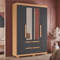 Guarda-Roupa Tiro Com Espelho Freijó/Titanium Com Cabideiro, 4 Portas, 4 Gavetas E 10 Prateleiras
