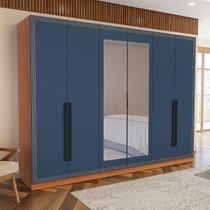 Guarda-Roupa Valência 6 Portas 4 Gavetas com Espelho Freijó/Azul - Politorno