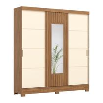 Guarda Roupas Casal 3 Portas De Correr Com Espelho Ripado 2 Gavetas Lotus Madeirado/off White